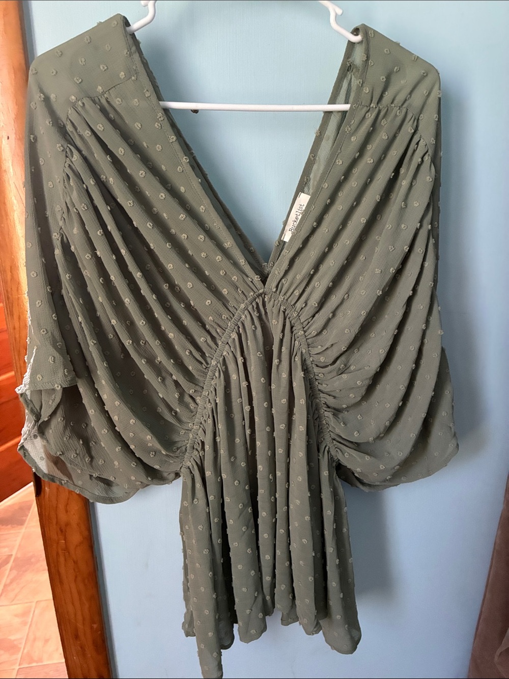 BUCKETLIST Olive Green V-Neck Blouse with Smocked Detail